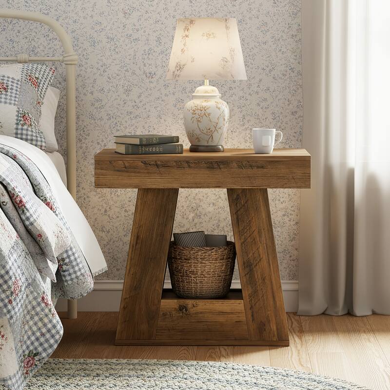2-Tier Modern Nightstand with Trapezoid Base, Wood-Grain Bedside Table - Brown 1 Pack