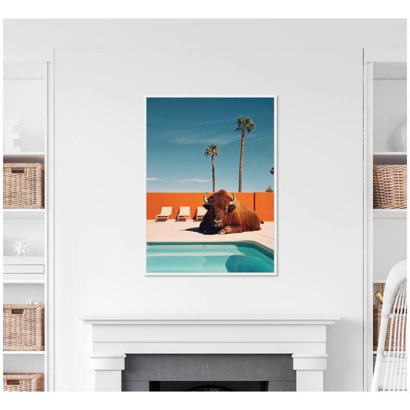 Kate and Laurel Sylvie Bison Chilling by the Pool in California Framed Canvas by Michael Schauer