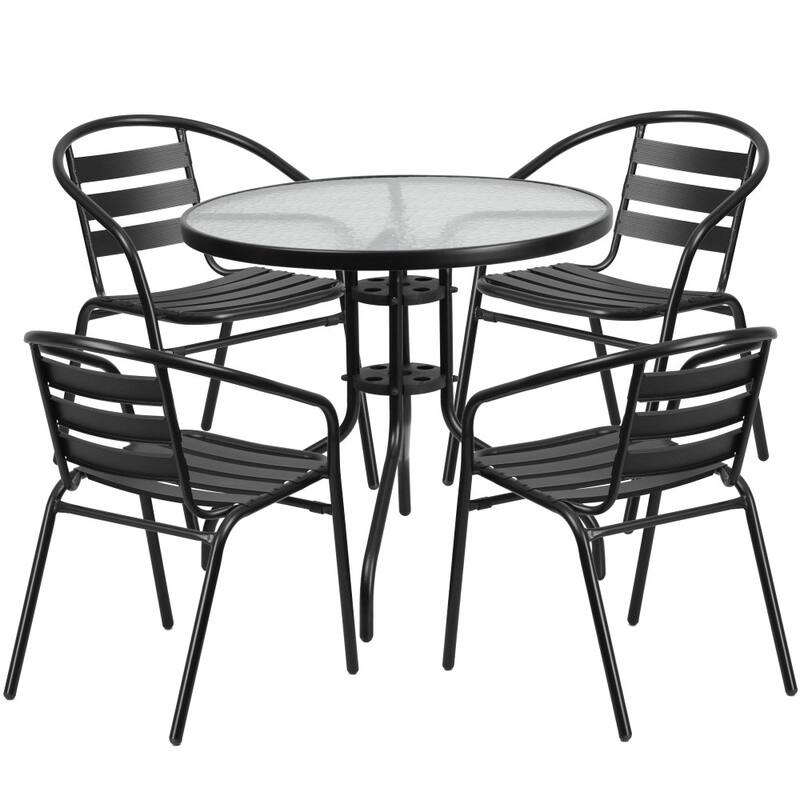 31.5" Round Glass Metal Table with 4 Metal Aluminum Slat Stack Chairs