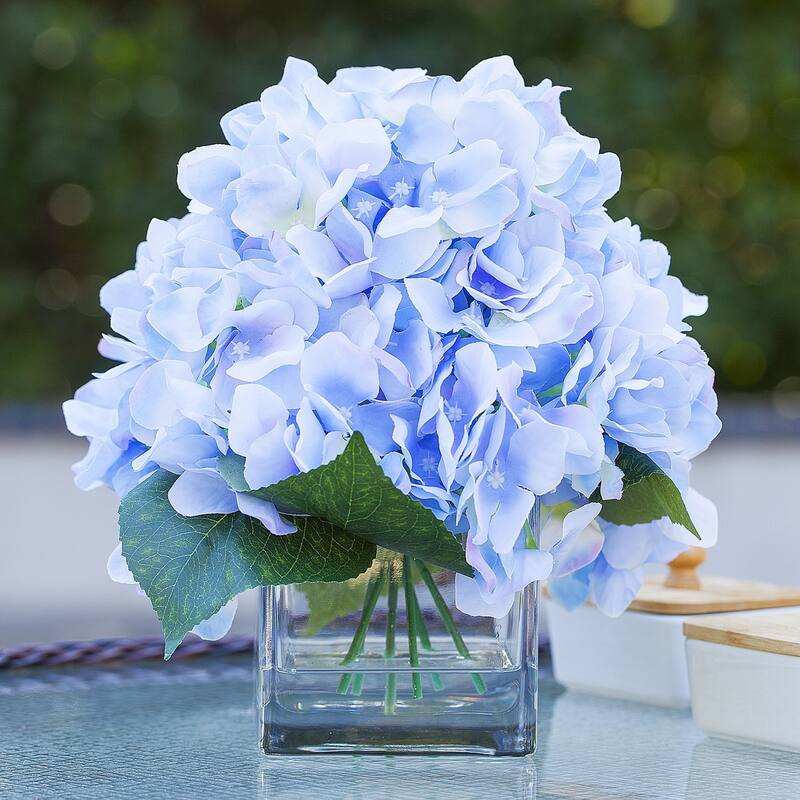 Enova Home Artificial Silk Hydrangea Fake Flowers Arrangement in Cube Glass Vase with Faux Water for Home Office Decoration