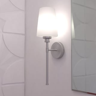 Clark 1 Light Satin Nickel Bathroom Wall Sconce White Glass - 5.25-in W x 19-in H x 7-in D