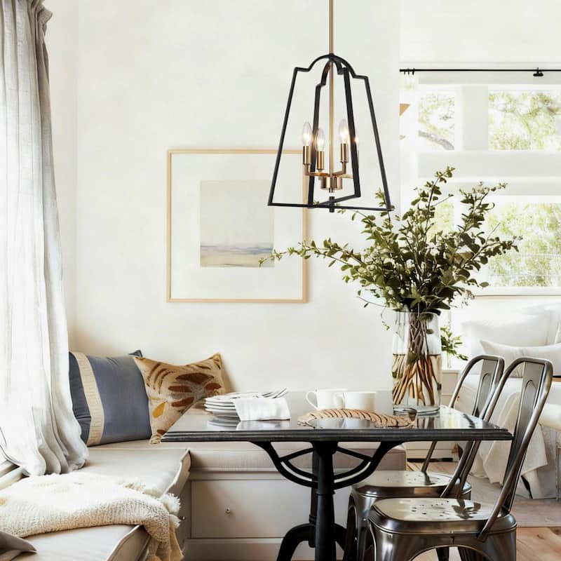 Modern 4-Light Geometric Chandelier Black Gold Pendant Lights for Dining Room - 14" W x 17.5" H