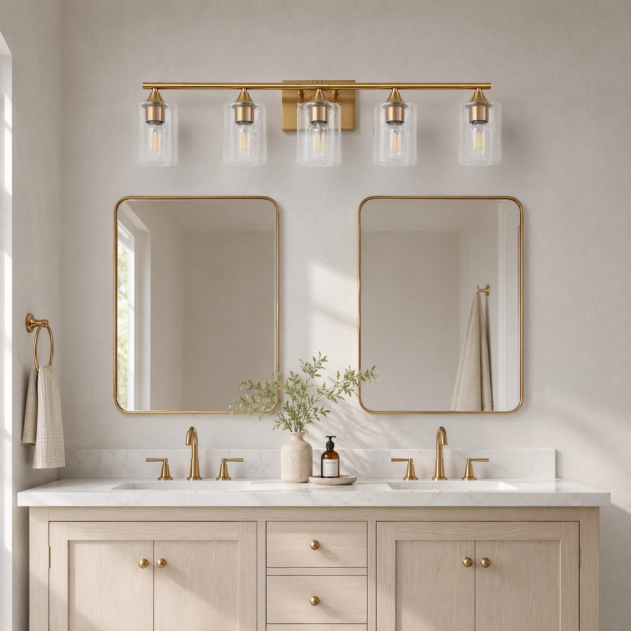 5-Light Luxury Farmhouse Bathroom Vanity Light Fixture, Damp-Proof Sanitary Wall Lamp with Clear Glass Shade for Large Family