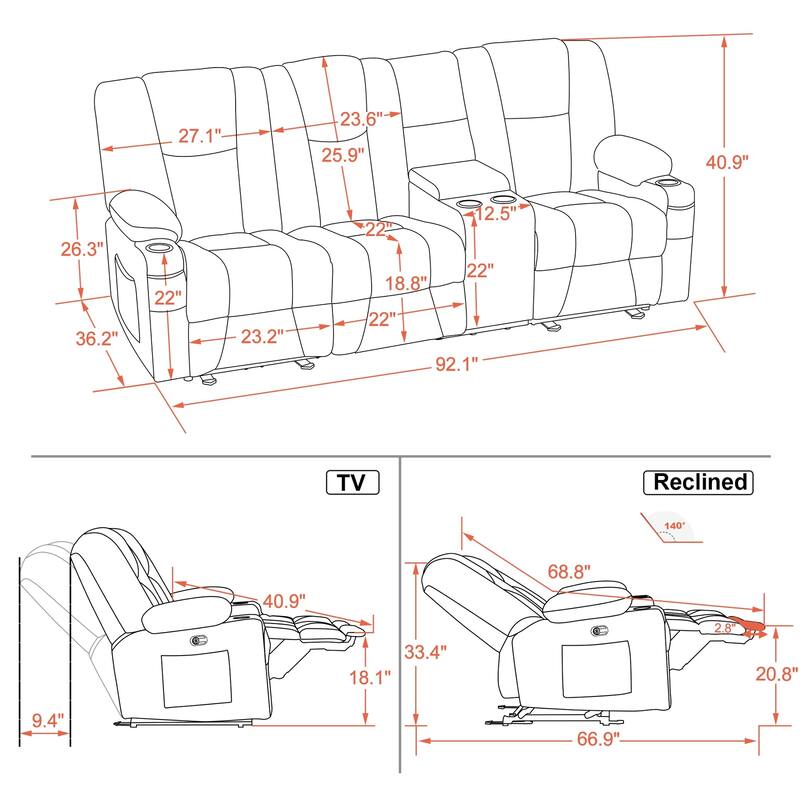 MCombo Electric Power Reclining Sofa with Massage and Lumbar Heat, Fabric 6015/6025/6035/6045