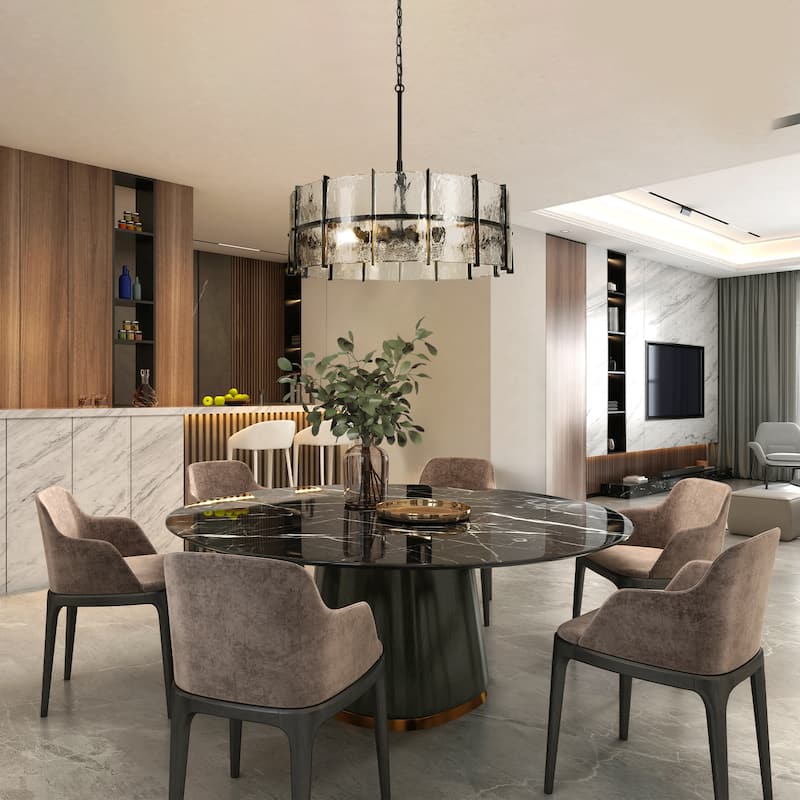 Modern 8-Light Drum Chandelier with Textured Glass Shade For Living Dining Room Foyer - Gray - Dia. 31.5" x H 11"