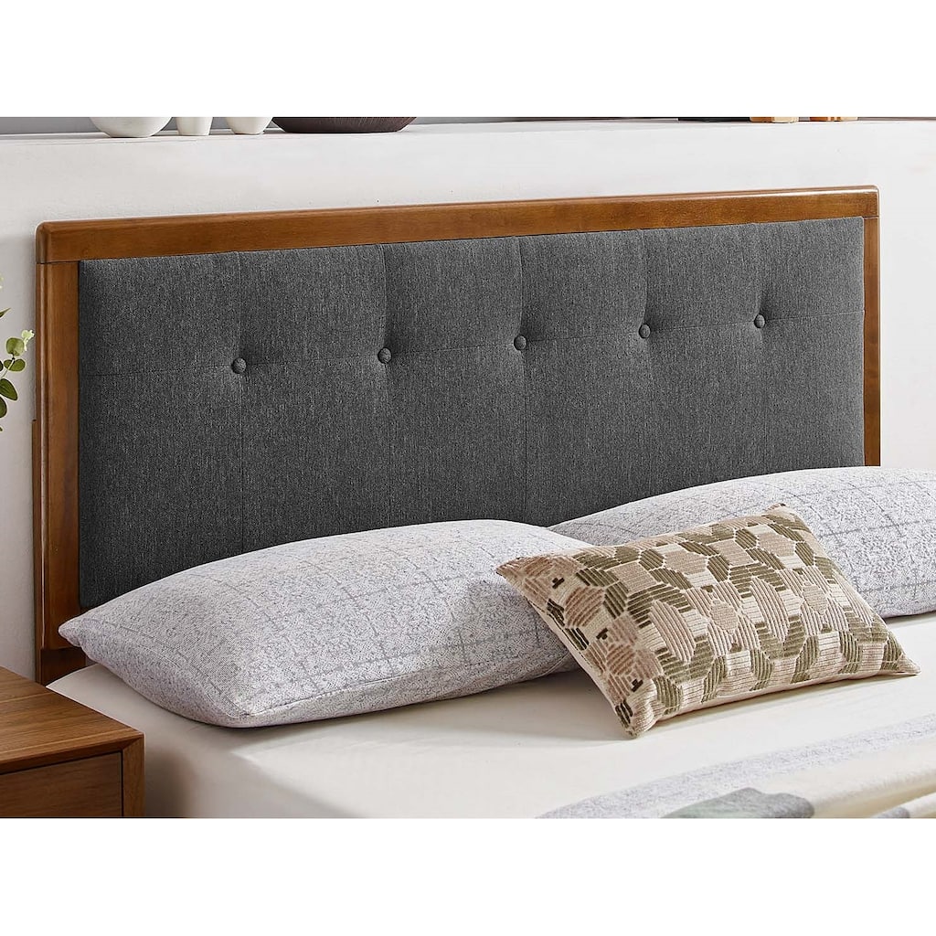 Marlin Traditional Charcoal Fabric Button Tufted Queen Size Walnut Wooden Headboard