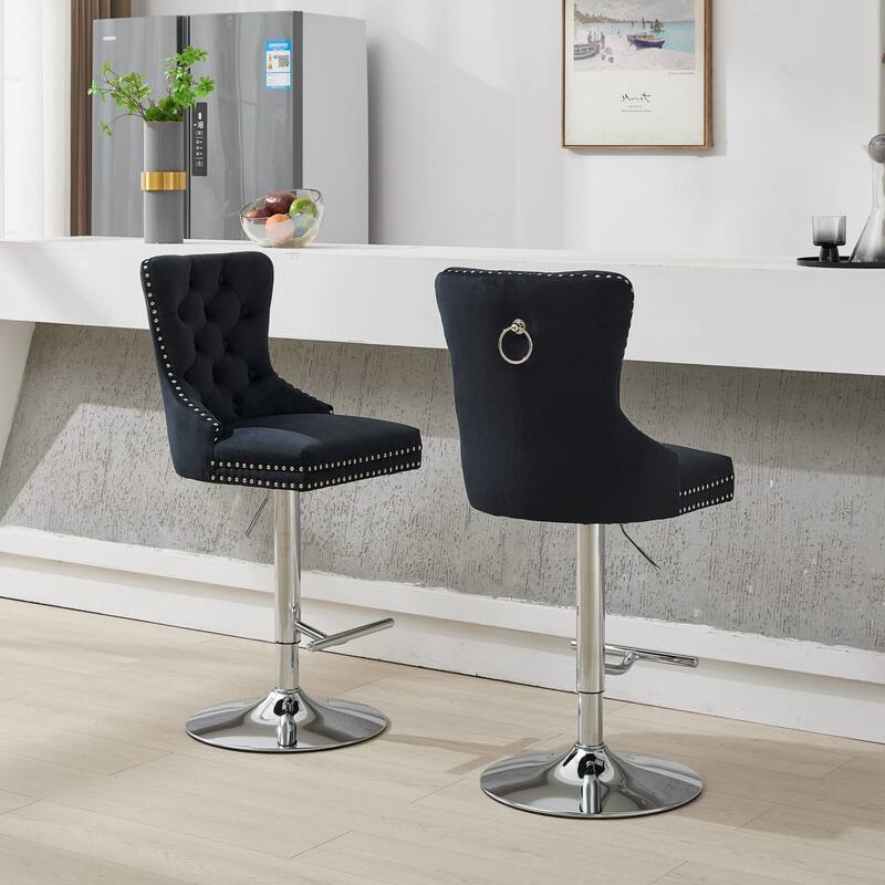 Thick Chrome Swivel Velvet Barstools,Adjustable Height,Modern Upholstered,Sponge&Spring（Set of 2)