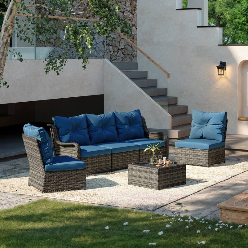 6-pieces Patio Wicker Outdoor Sectional Seating Sofa Set with Coffee Table
