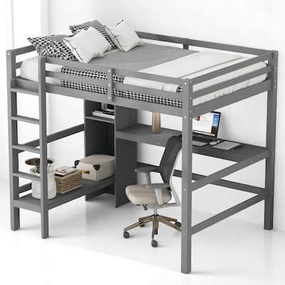 Full Loft Bed with Built-in Desk and Playful Shelves, Modern Wood Frame with Guardrails, Space-Saving Design