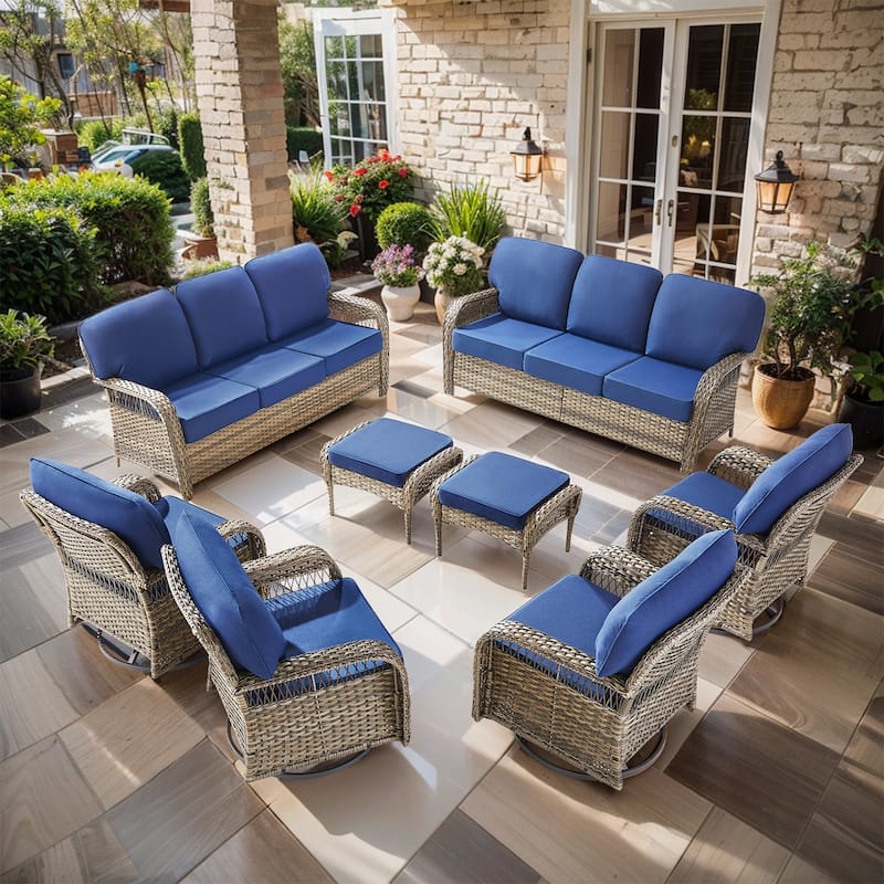Pocassy Swivel Chair with Outdoor Sofa Ottoman Funiture Set. - Gray Wicker Blue Cushion - 8-Piece Sofa Swivel Chair with Ottoman