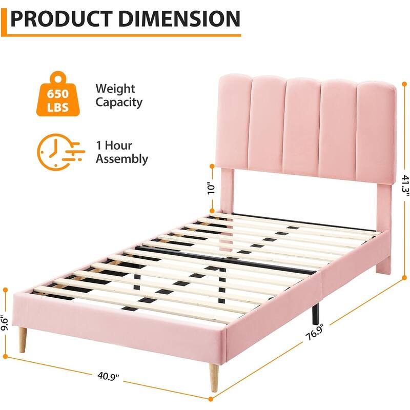 Twin Upholstered Platform Bed Frame with Wave Headboard, Wood Slats, No Box Spring Needed, for Kids or Teens