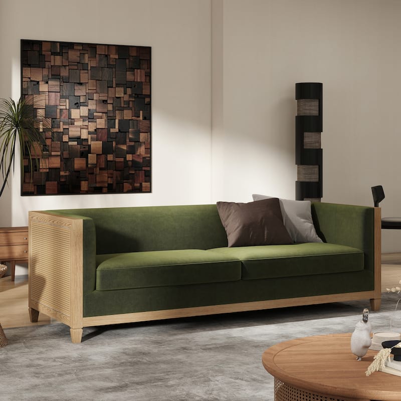 Georgia 81" Oak Wood & Rattan Sofa - Olive Green Performance Velvet