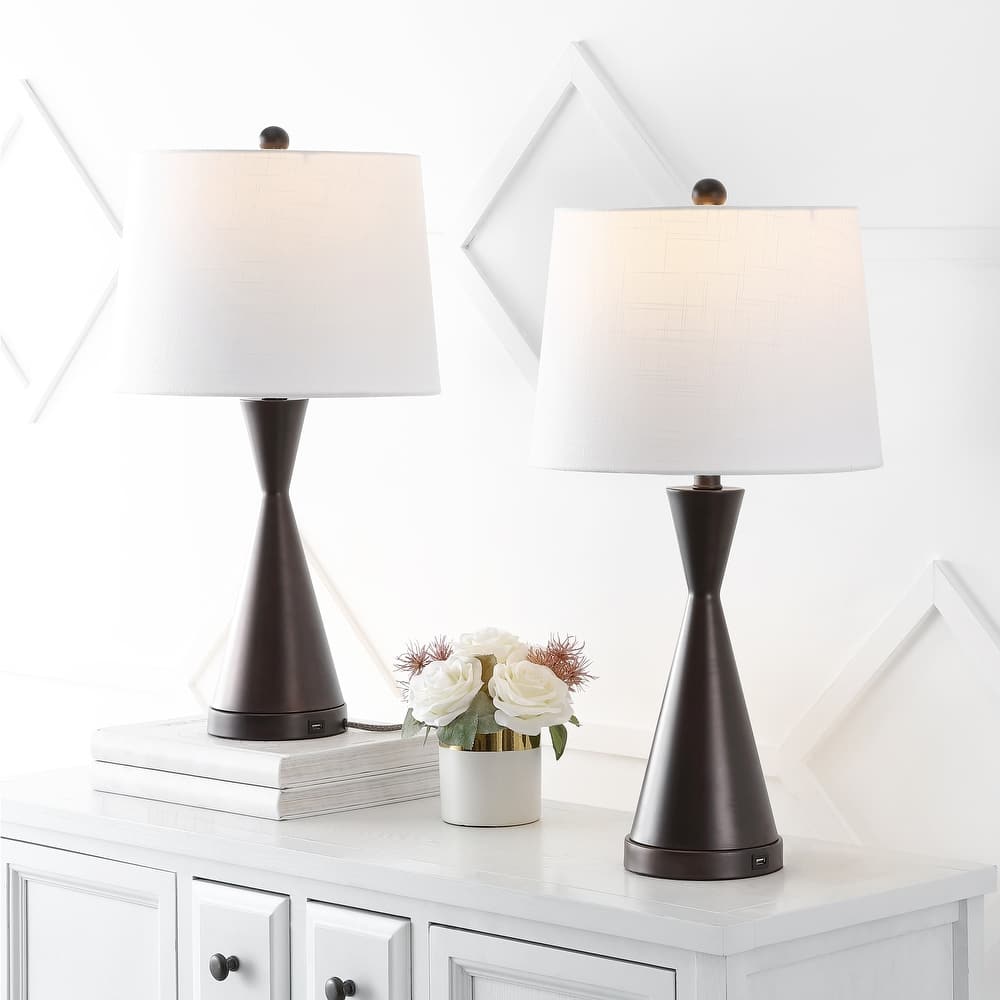 JONATHAN Y Roman 26" Classic French Country Iron LED Table Lamp with USB Charging Port, Nickel (Set of 2)