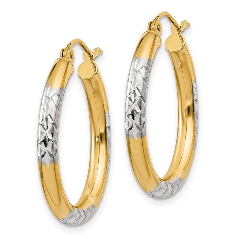 Curata 14k Yellow Gold Polished Rhodium Sparkle Cut 3x25mm Hoop Earrings