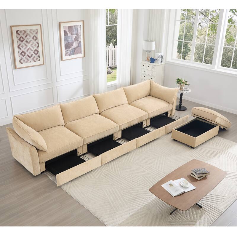 L-Shaped 4-Deep Seater Sectional Sofa Couch with 1 Movable Storage Ottoman & Pull out Drawers Under Each Seat