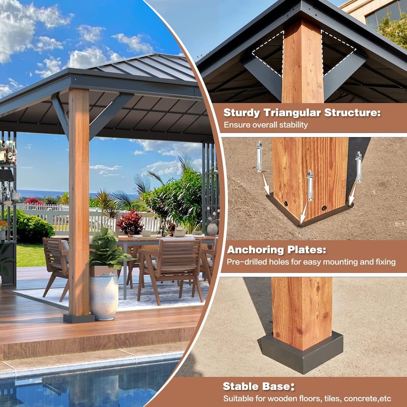 Outdoor Galvanized Steel Roof Gazebo Pergola w Wooden Coated Alumninum Frame, Privacy Curtains and Nettings Include