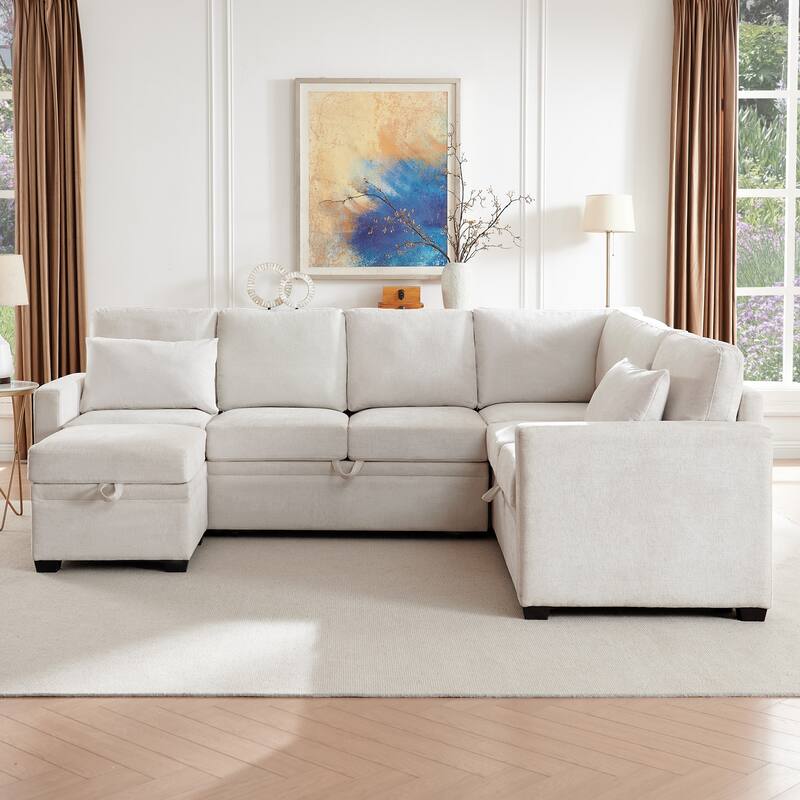 Modular Sectional Sleeper Sofa wPull Out Ottoman Bed U Shape Storage Bed - Beige