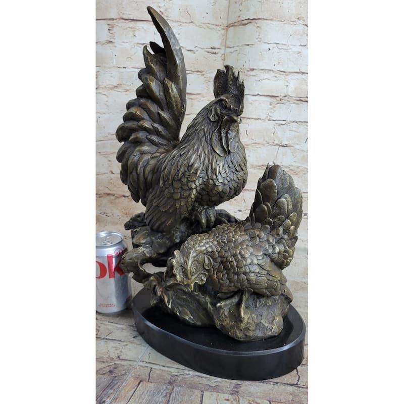 Two Roosters Chickens Bronze Metal Statue Sculpture Figure On Marble Base