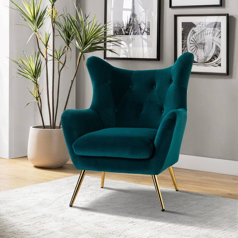Eusebio Tufted Velvet Accent Chair with Wingback, Arms, and Metal Gold Legs for Living Room or Bedroom by HULALA HOME