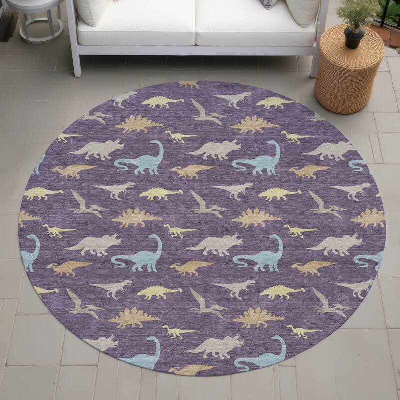 Machine Washable Indoor/ Outdoor Modern Dinosaur Chantille Rug - Plum - 8' x 8'