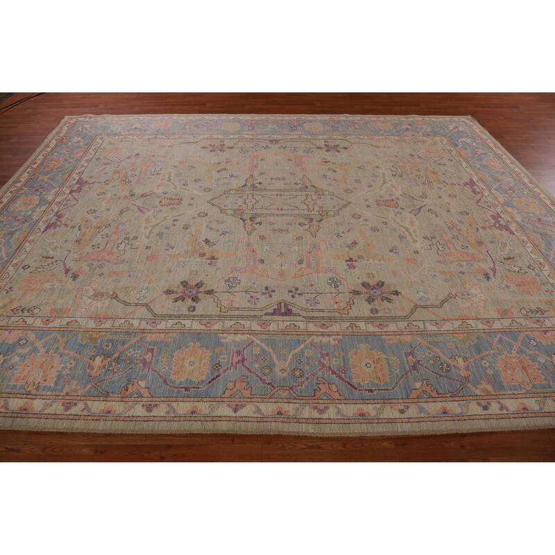 Hand Knotted Oriental 100% Wool Carpet Transitional All-Over Beige & Ivories Oushak Area Rug - 11' 9'' X 9' 1''