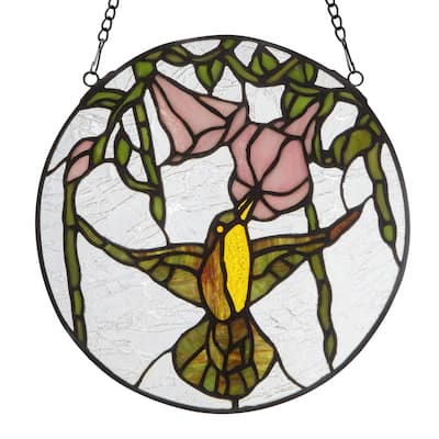 Hummingbird and Hibiscus River of Goods Multicolored Stained Glass Suncatcher Window Panel - 10" x 0.25" x 10"