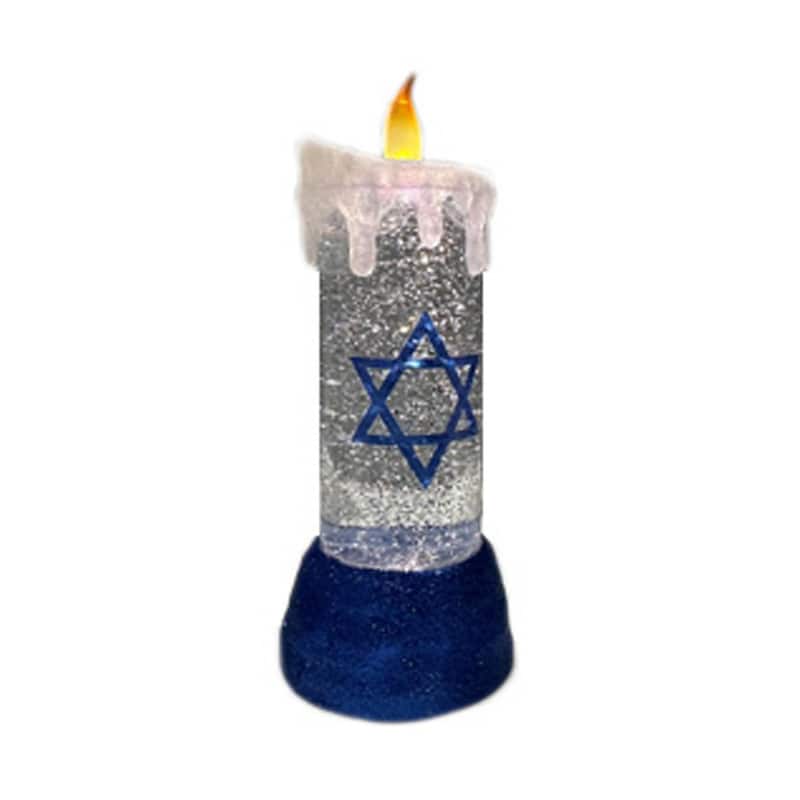10" Blue And White Flameless Hanukkah Pillar Candle With Snow Globe