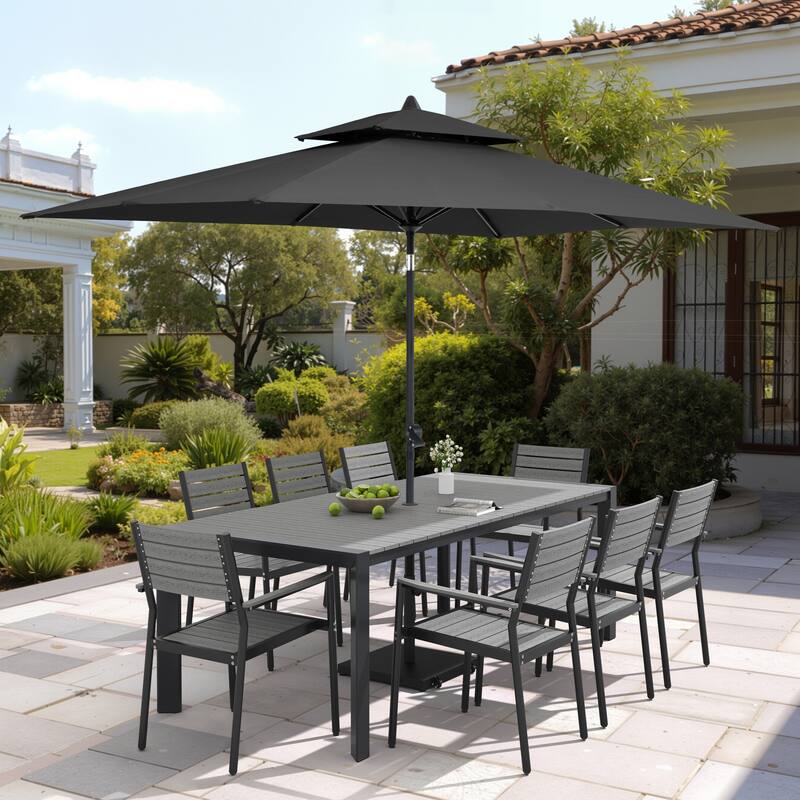 9/11-Piece Patio Dining Set Aluminum Dining Table and Chairs w/10 ft Market Umbrella and Base with Wheels