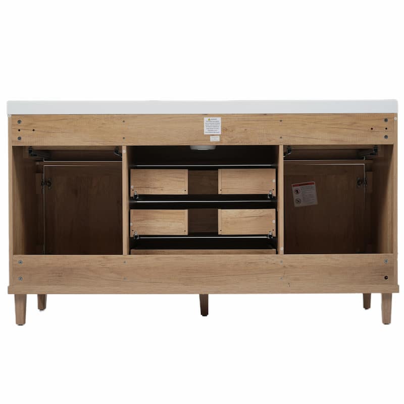 60" Bathroom Vanity with SMC Sink - Modern Large Storage Cabinet with Soft Close Drawers and Rattan Doors
