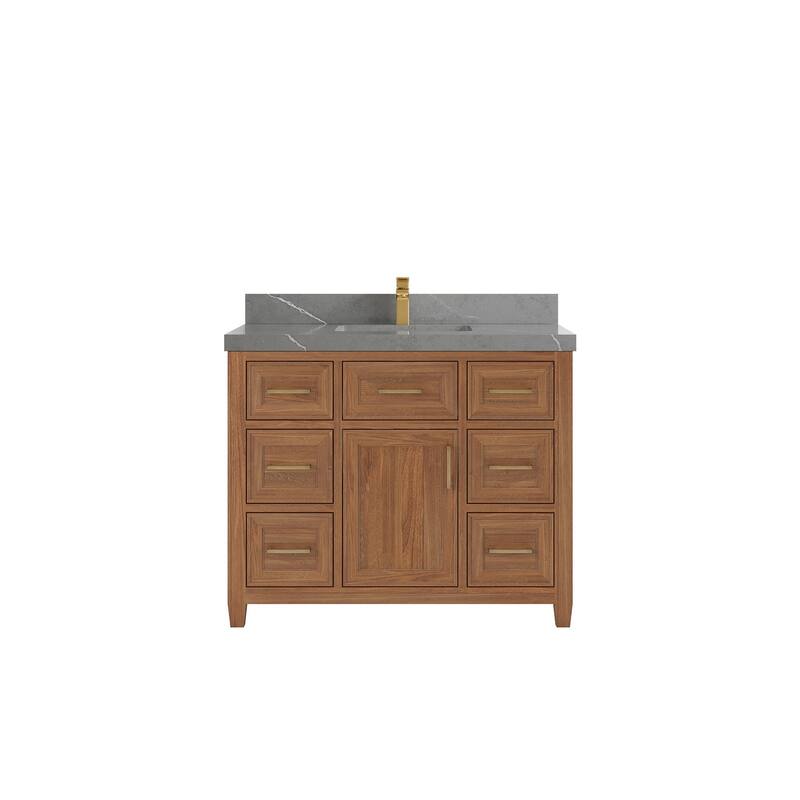 Willow Collections 42 in. W x 22 in. D Santa Monica Teak Single Sink Bathroom Vanity with Countertop - 2”Piatra Gray - Dark Natural Teak