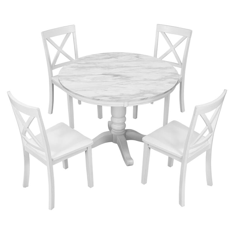 5 Piece Modern Solid Wood Dining Table Set with Chairs, Faux Marble Top
