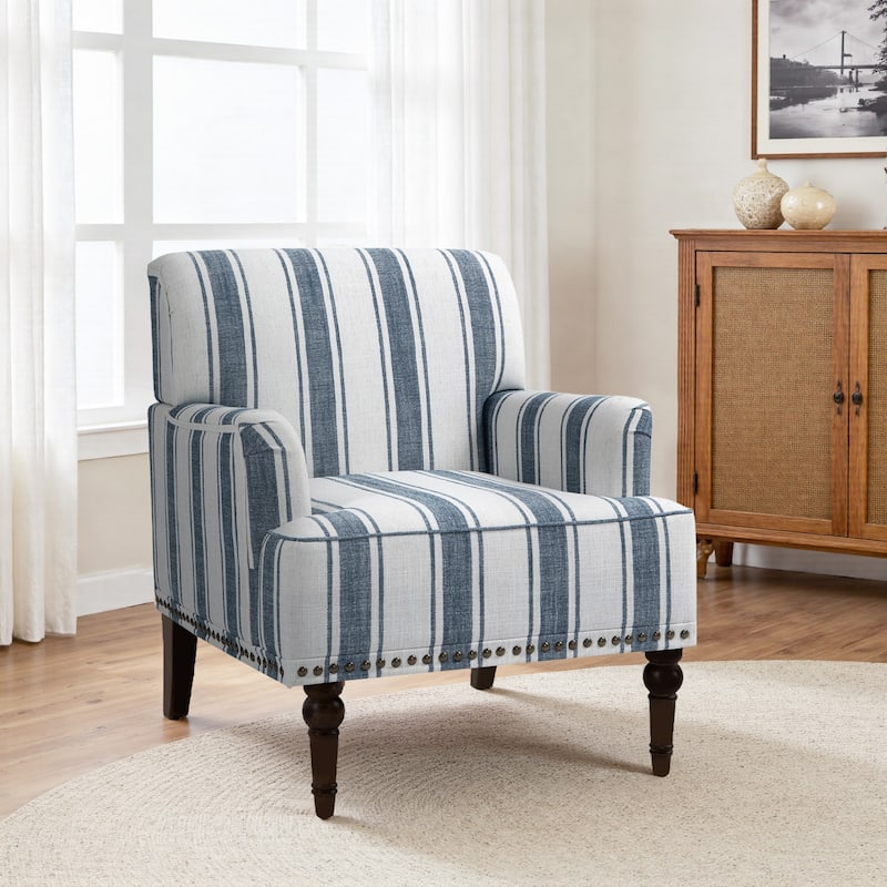 Stripe Linen Accent Arm Chair with Nailhead Trim and Wood Legs