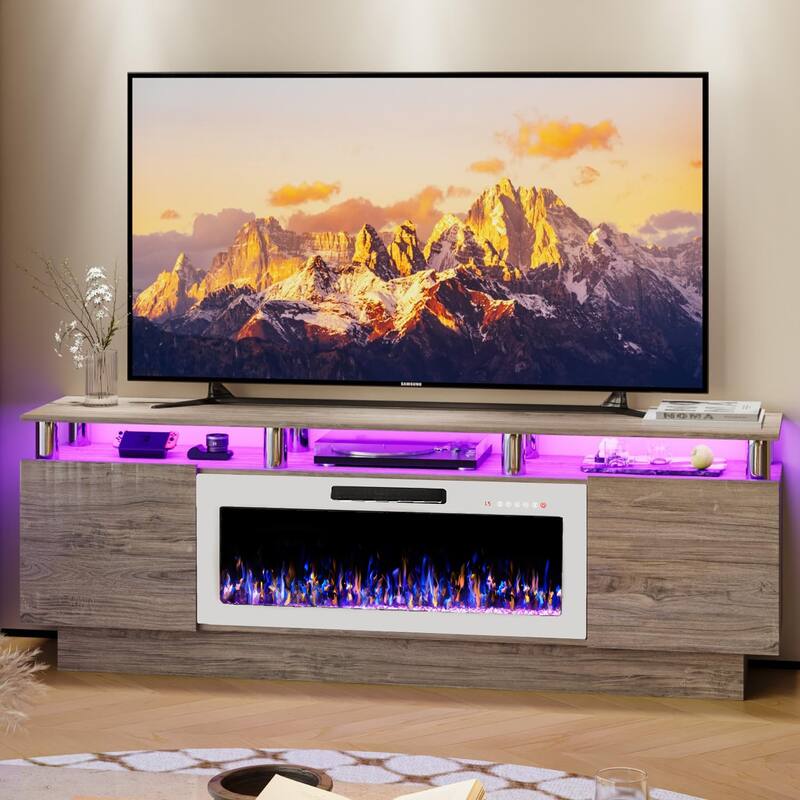 BOSSIN 70" Modern Electric Fireplace TV Stand, with Electronic Flame and LED Lights, High Gloss Finish Entertainment Center