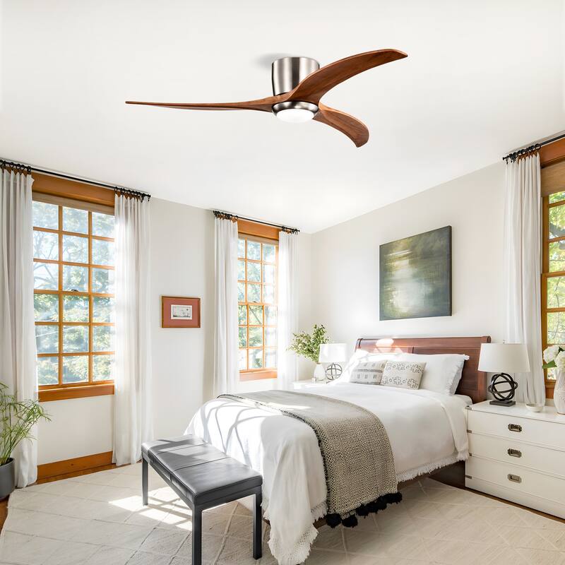 52" Flush Mount Ceiling Fan Solid Wood Blades Ceiling Fan With Light with Remote Control, Noiseless Reversible Motor, 6 Speed