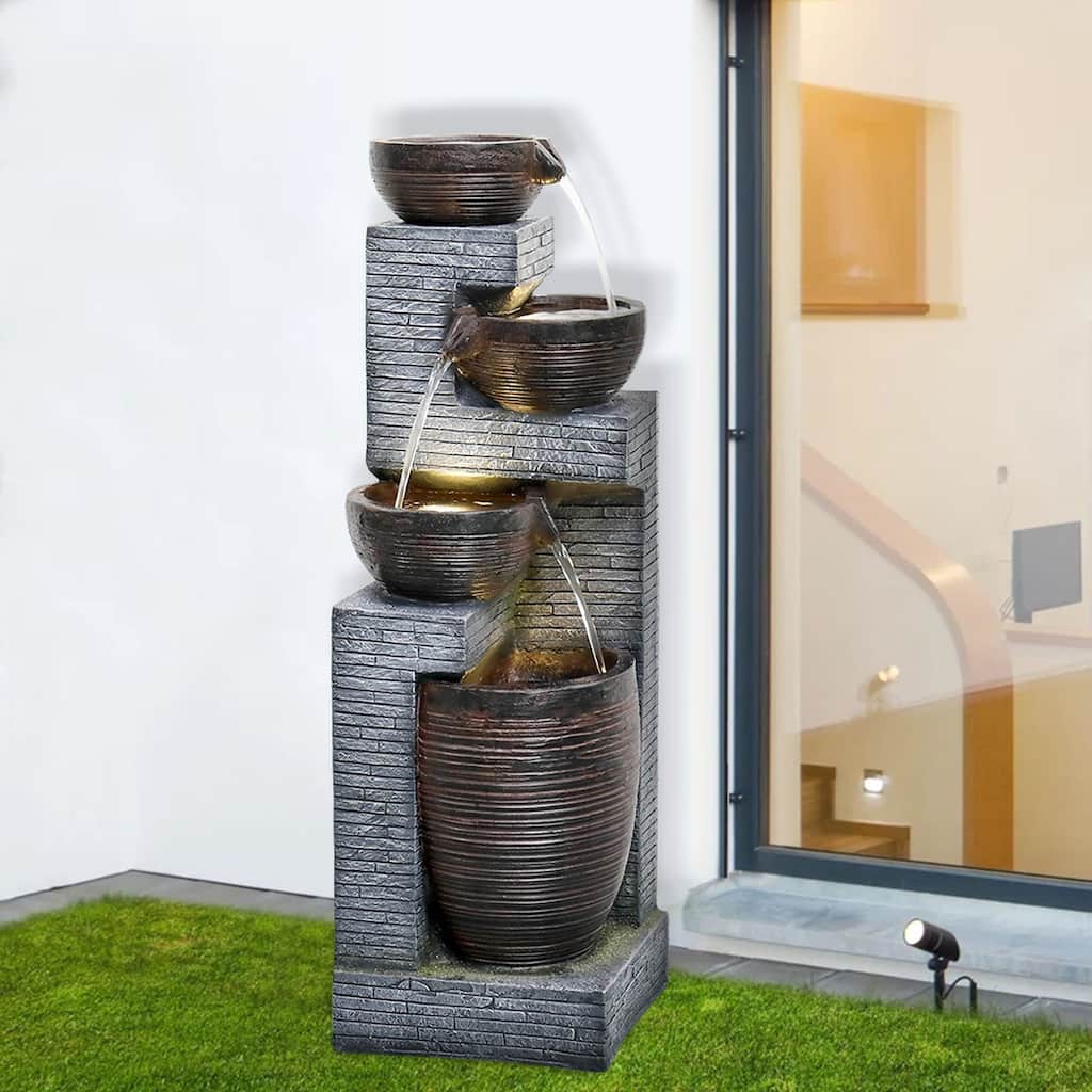 4-Tier Floor Water Fountain with LED Lights Outdoor Decor