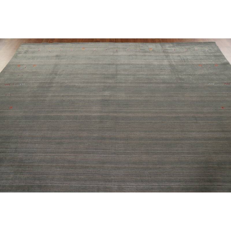 Striped Green Gabbeh Area Rug Hand-Knotted Wool Carpet - 8'10"x 11'8"
