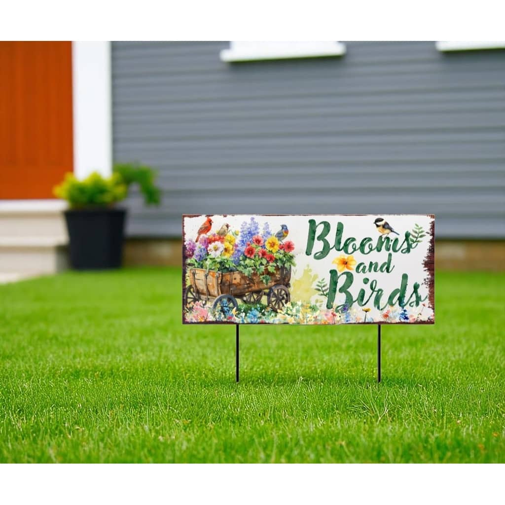 HomeRoots 32" Green Pink And White Solid Wood Floral Bouquet Birds Garden Stake