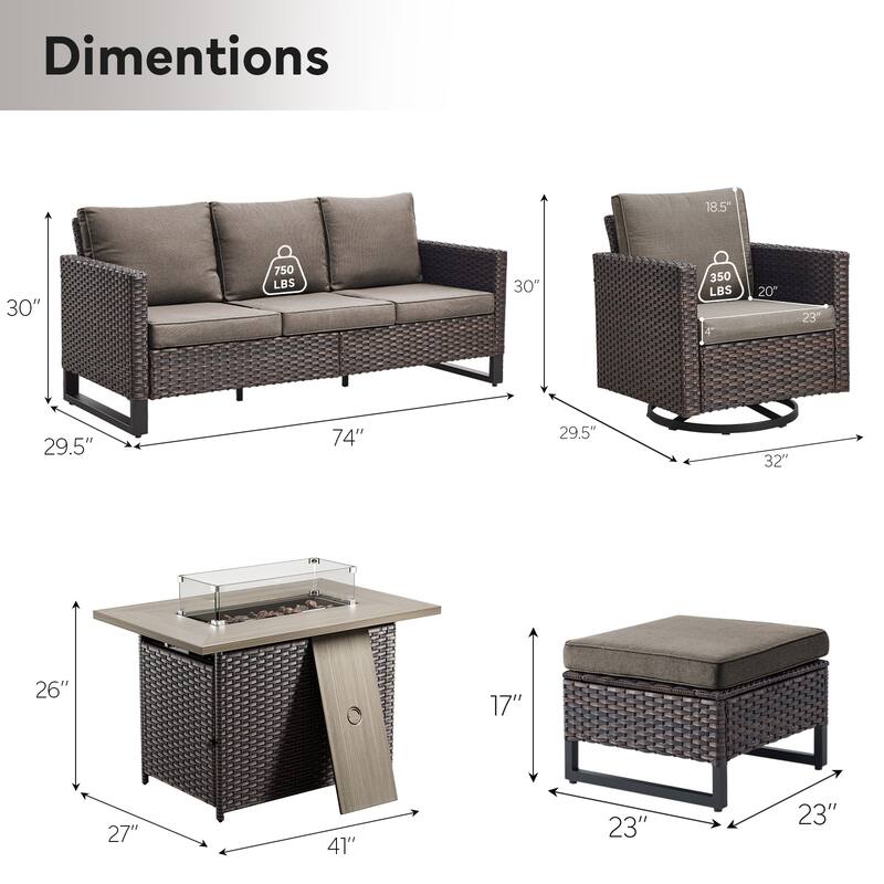 Outdoor Sofa 2 Swivel Chairs Ottomans and Fire Pit Table