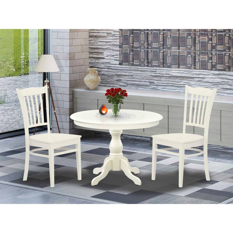 3-Piece Linen White Finish Solid Wood Top - Round Dining Room Set - Seats 4