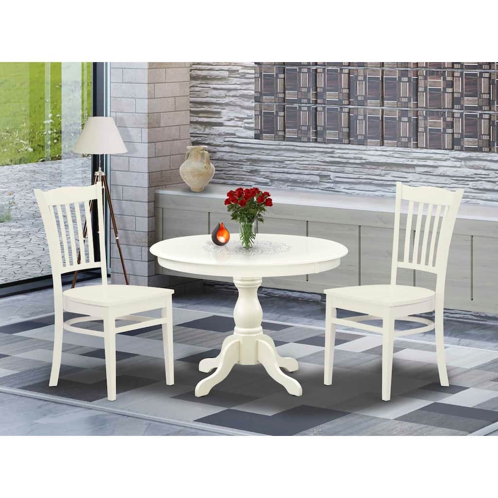 3-Piece Linen White Finish Solid Wood Top - Round Dining Room Set - Seats 4