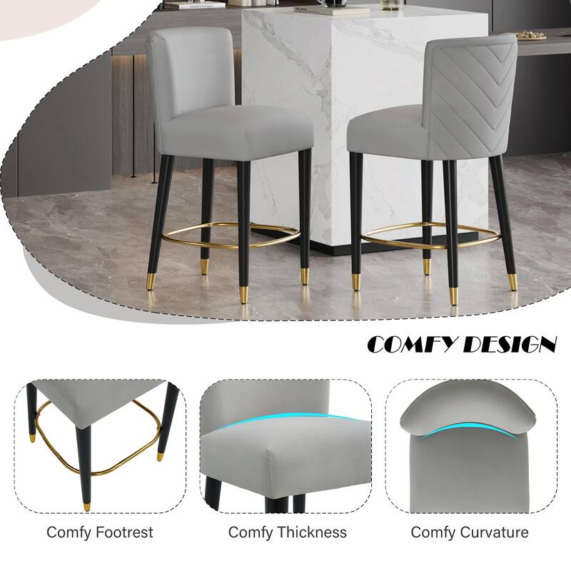 27-Inch Counterstool with Light-Colored Fabric and Gold-Tipped Circular Footrest