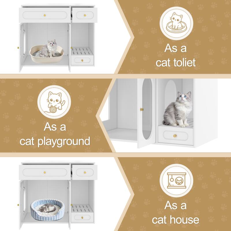 Cat Litter Box Enclosure with LED Light, Hidden Litter Box Furniture with Storage Drawers, Indoor Pet House with Acrylic Doors
