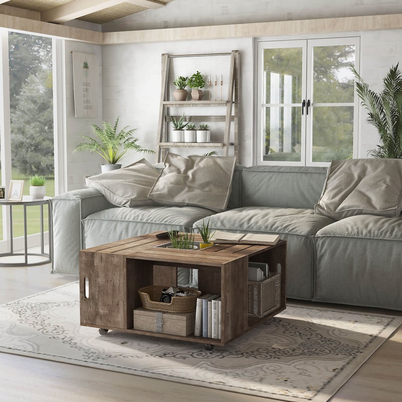 DH BASIC Rustic Oak 32-inch Open Shelf Mobile Coffee Table by Denhour