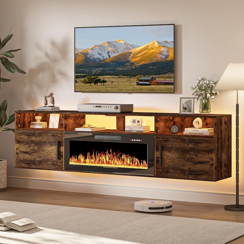 BOSSIN 80" Floating TV Stand with 36" Electric Fireplace, High Gloss Finish Wall Mounted Fireplace TV Stand with Storage