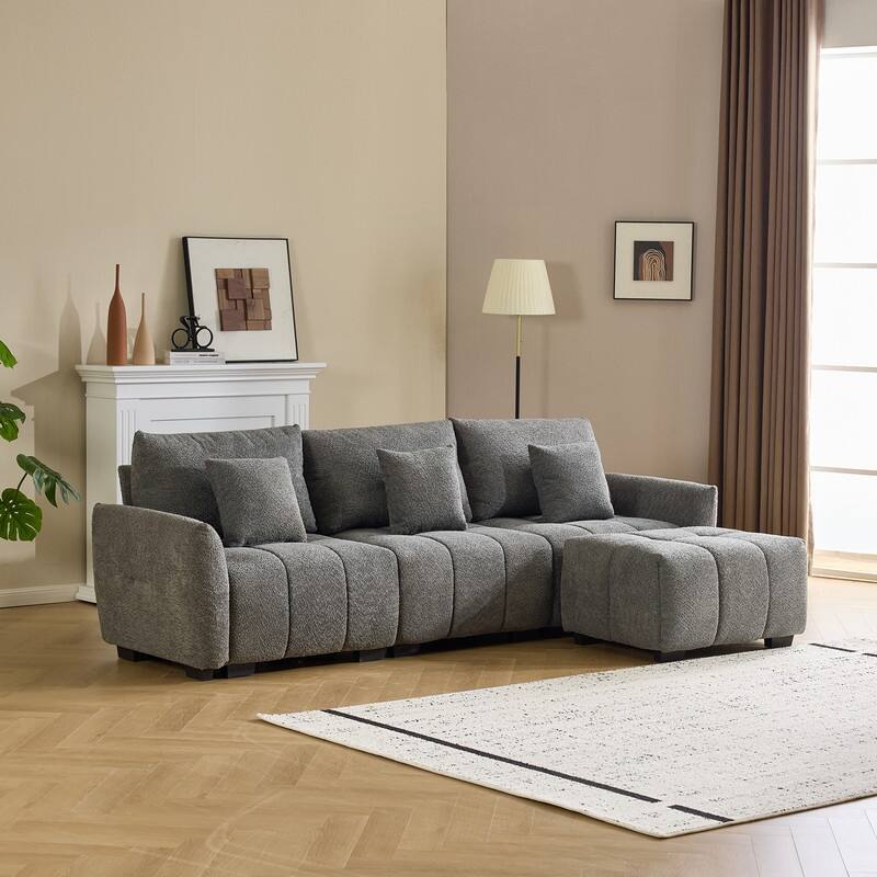 American Tufed Boucle Sofa with Ottoman - 3 Seat 1 Ottoman