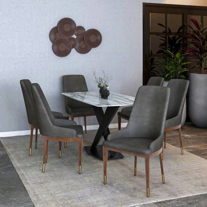 Upholstered Leather Dining Chair with Rubberwood Frame Side Chair High Back and Gold Accent Legs for Living Room