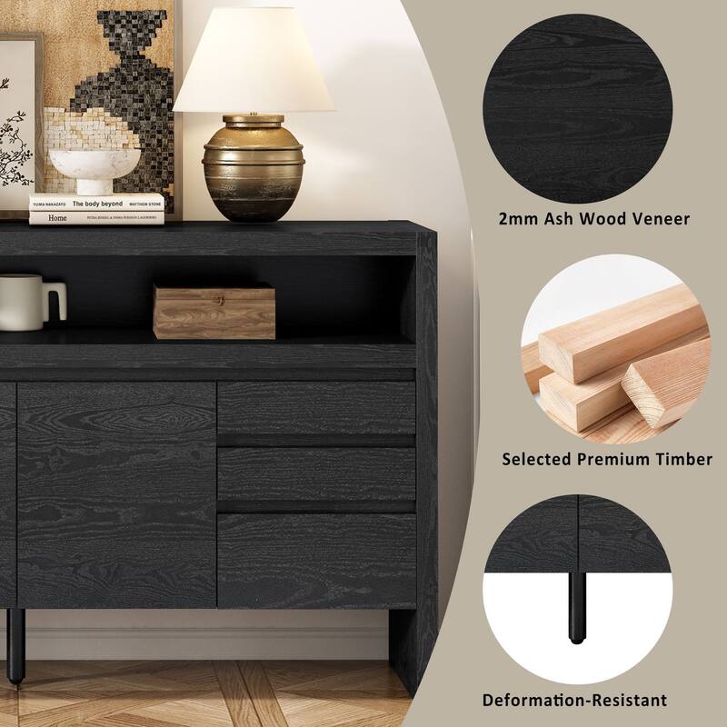 60" Modern Sideboard with 3 Drawers and 3 Doors, Ash Veneer Storage Cabinet with Semi-Open Shelf and Cable Cutout