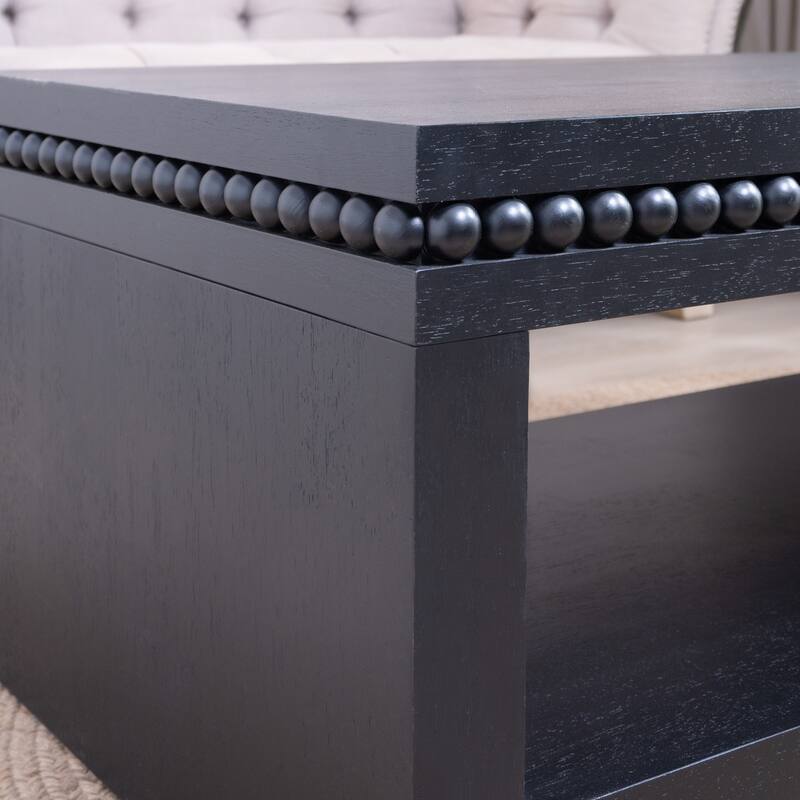 47 inch Modern Black Coffee Table Beaded Trim Rectangular Open Storage Shelf Living Room