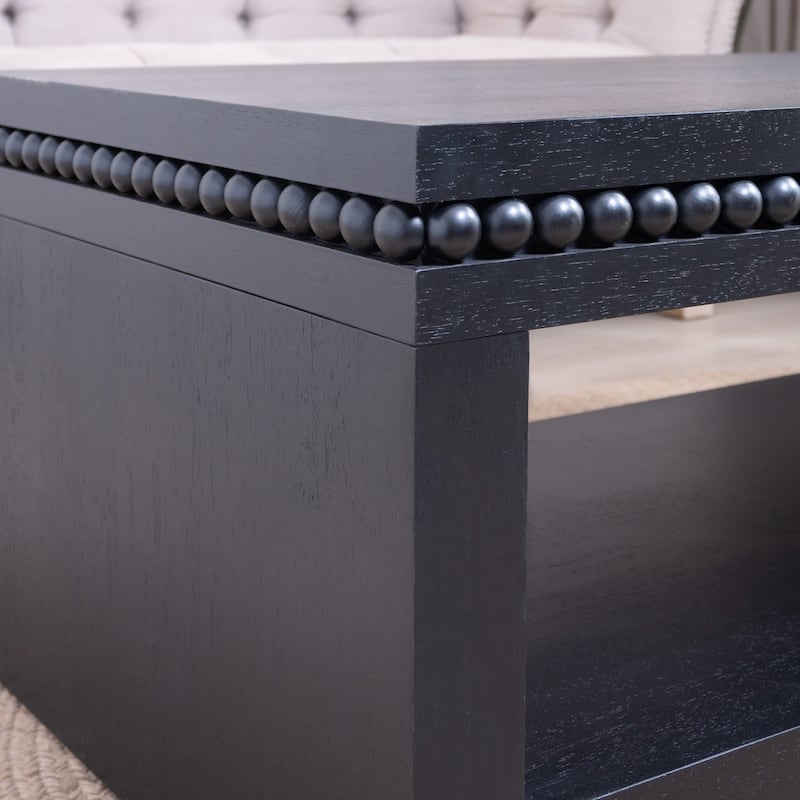 Rectangular Wood Coffee Table with Beaded Trim and Open Storage Shelf