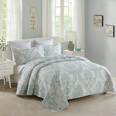 3 Piece King Size Quilt Set With Pillow Shams Blue Flower